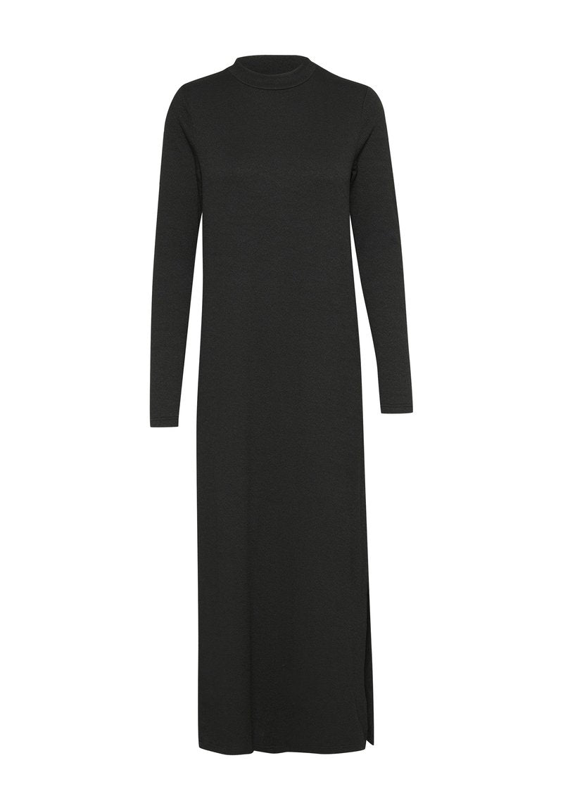 Schwarzes langärmliges Kleid mit hohem Ausschnitt, gerader Silhouette, seitlichem Schlitz und glatter Textur. Geeignet für verschiedene Anlässe.