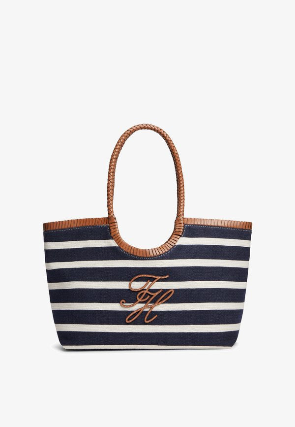 Tommy Hilfiger STRIPE TEXTURED LOGO TOTE BAG - Tote bag - stripe blue/cognac