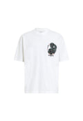 Weißes Baumwoll-T-Shirt mit einem großen schwarzen Schlangendesign und floralen Akzenten auf der Vorderseite sowie dem Text "ALLSAINTS" darunter. Kurze Ärmel.