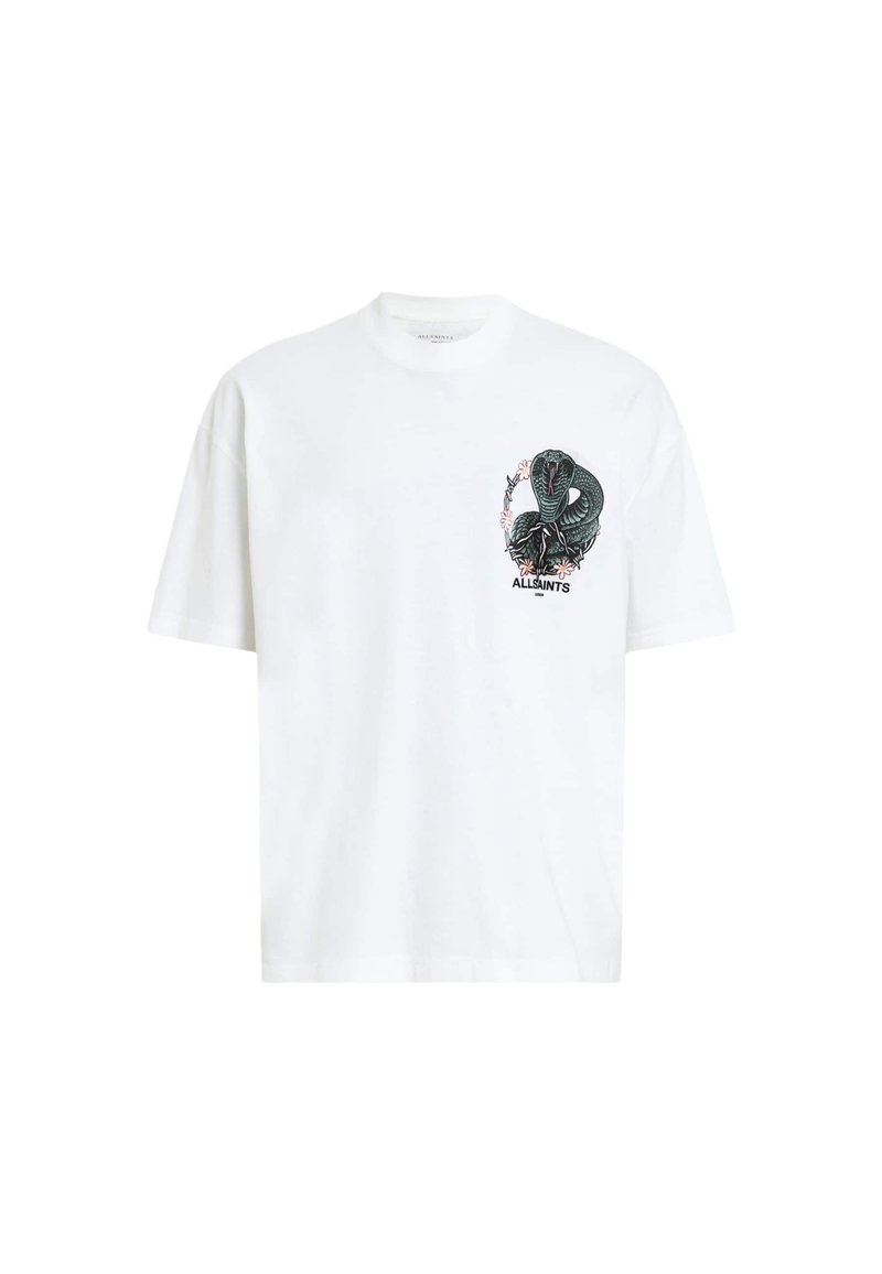 Weißes Baumwoll-T-Shirt mit einem großen schwarzen Schlangendesign und floralen Akzenten auf der Vorderseite sowie dem Text "ALLSAINTS" darunter. Kurze Ärmel.