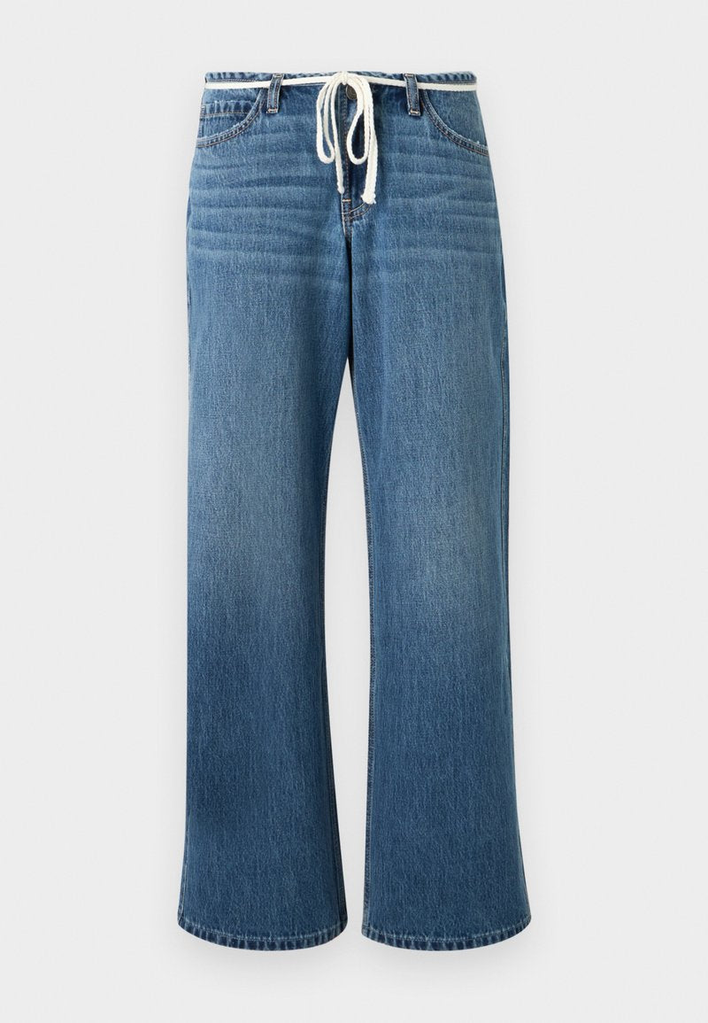Blaue Denim-Jeans mit weitem Bein, weißem Kordelzug in der Taille und klassischer Fünf-Taschen-Optik.