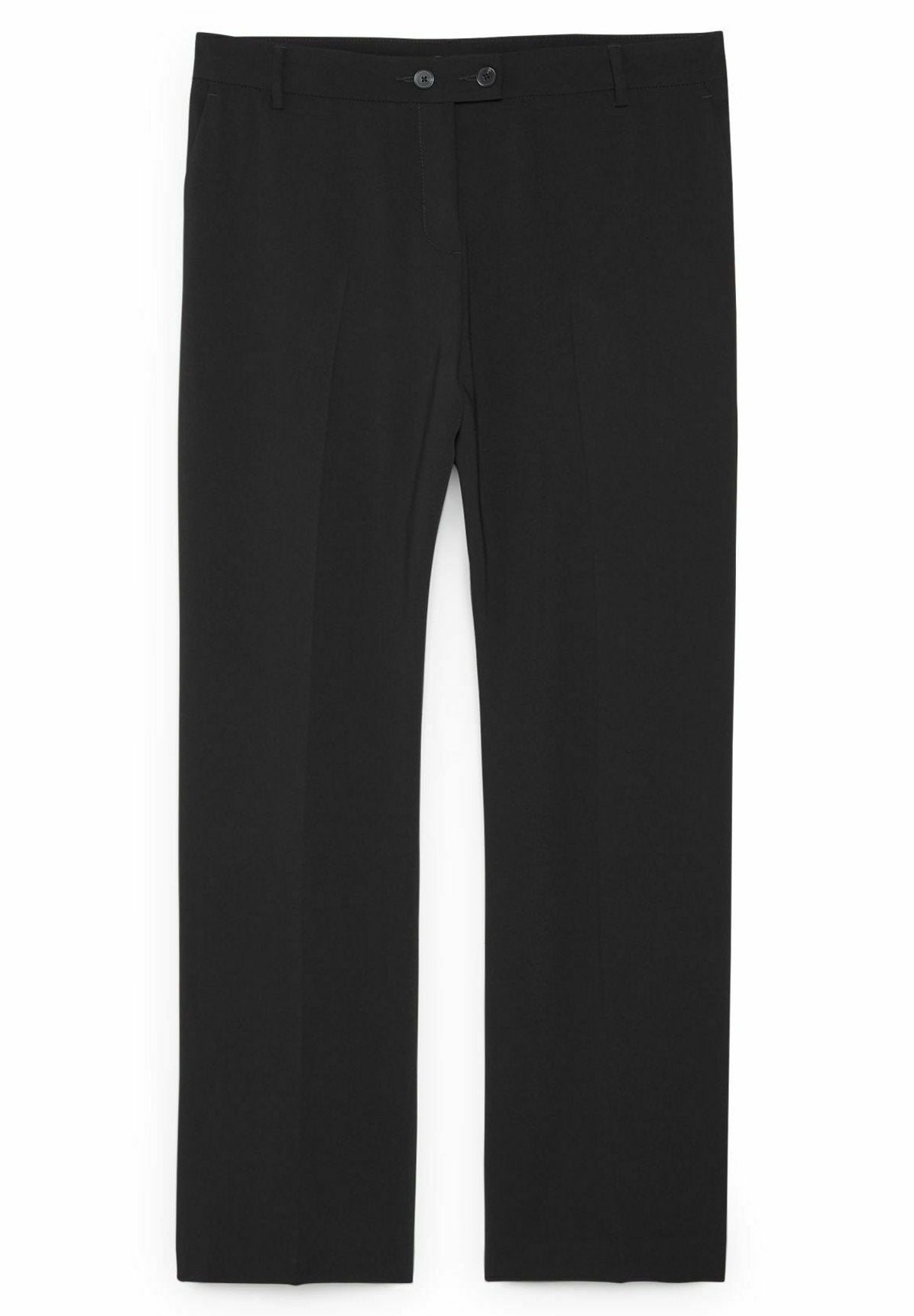 Schwarze Hosen aus glattem Stoff, mit geradem BeinDesign, zwei vorderen Taschen und flacher Vorderseite mit zwei Knopfverschlüssen.