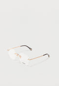 Randlose rechteckige Brille mit rosegoldfarbenen, gewellten Metallbügeln und schwarzen Enden, auf der Linse mit "Chloé" gebrandmarkt.