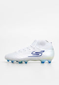 Weißer Fußballschuh mit strukturiertem Obermaterial, blauen Akzenten und einem passgenauen Design. Ausgestattet mit durchsichtigen blauen Stollen und einem hohen Knöchelschutz.