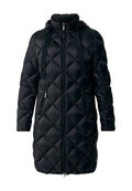 Schwarze, gesteppte Daunenjacke mit Kapuze, mit einem Reißverschluss vorne, zwei Seitentaschen und verstellbaren Kordeln an der Kapuze und am Kragen.