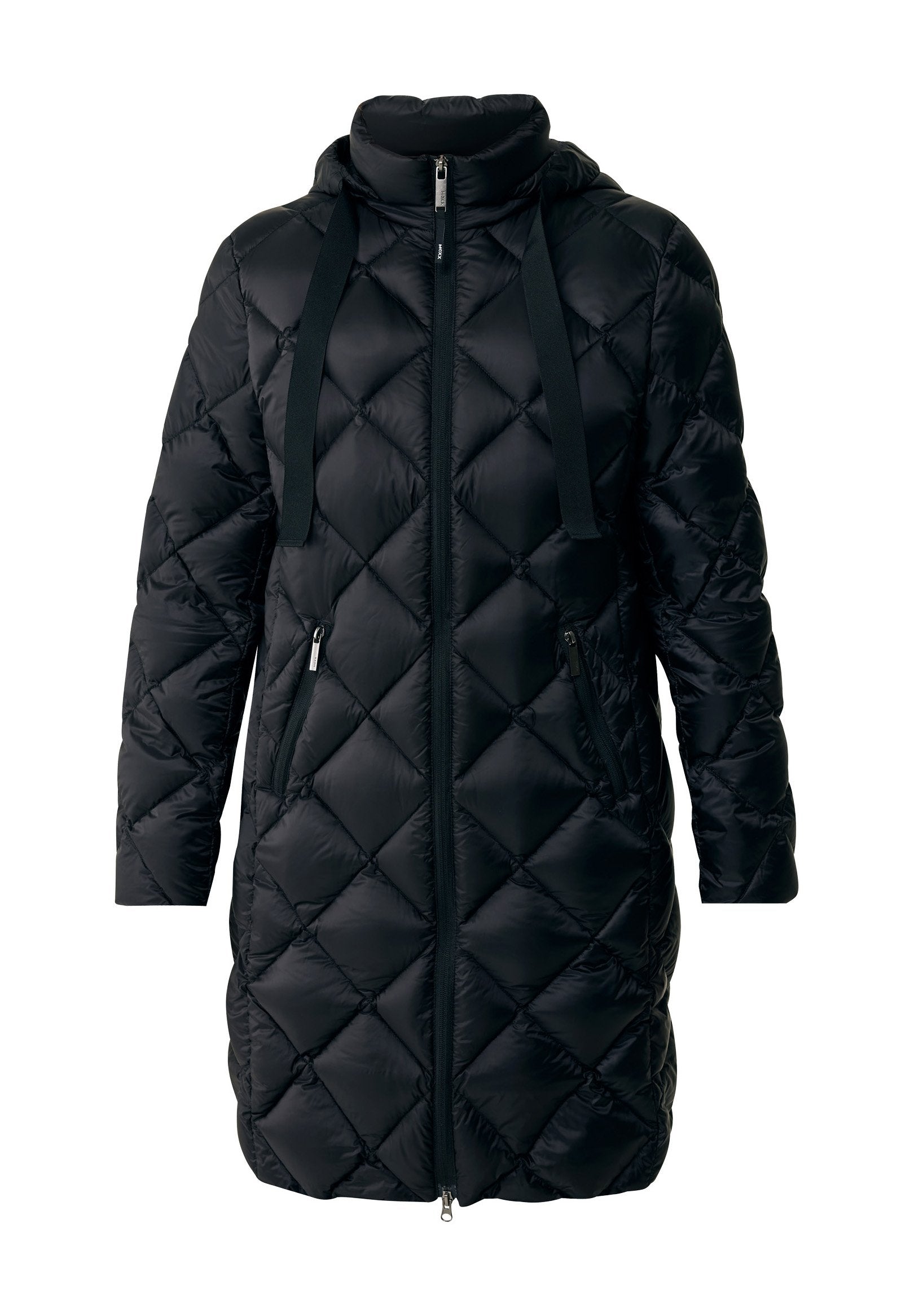 Schwarze, gesteppte Daunenjacke mit Kapuze, mit einem Reißverschluss vorne, zwei Seitentaschen und verstellbaren Kordeln an der Kapuze und am Kragen.