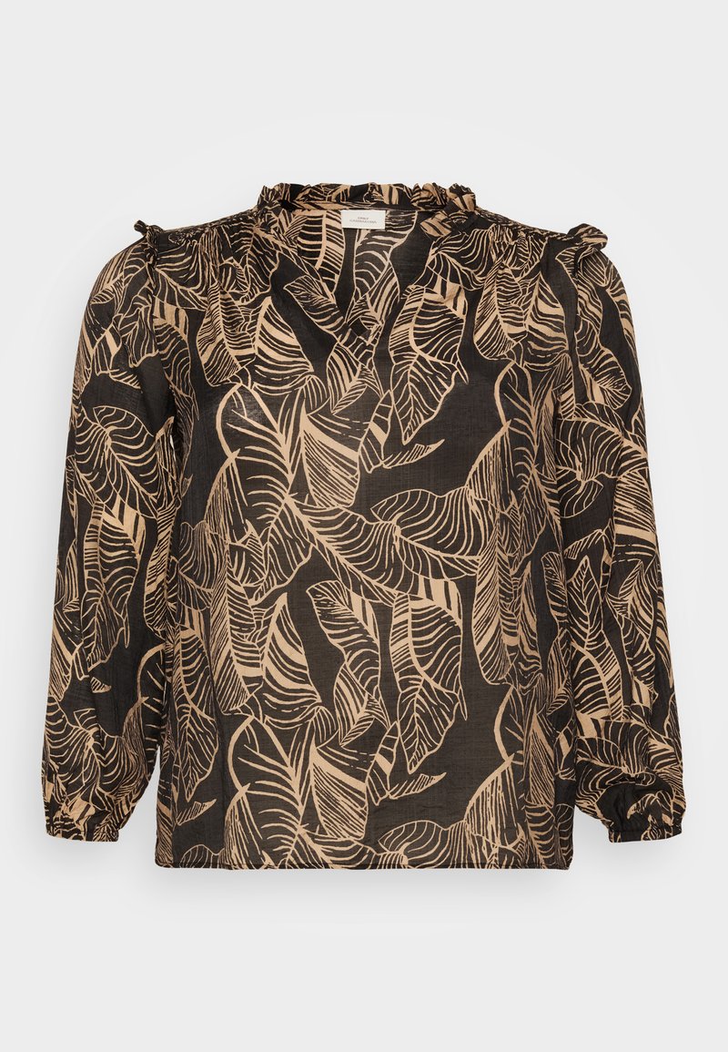 Schwarze Bluse mit einem Blättermuster in Beige. Verfügt über lange Ärmel, einen rüschenden Ausschnitt und einen lockeren Schnitt. Hergestellt aus leichtem Stoff.