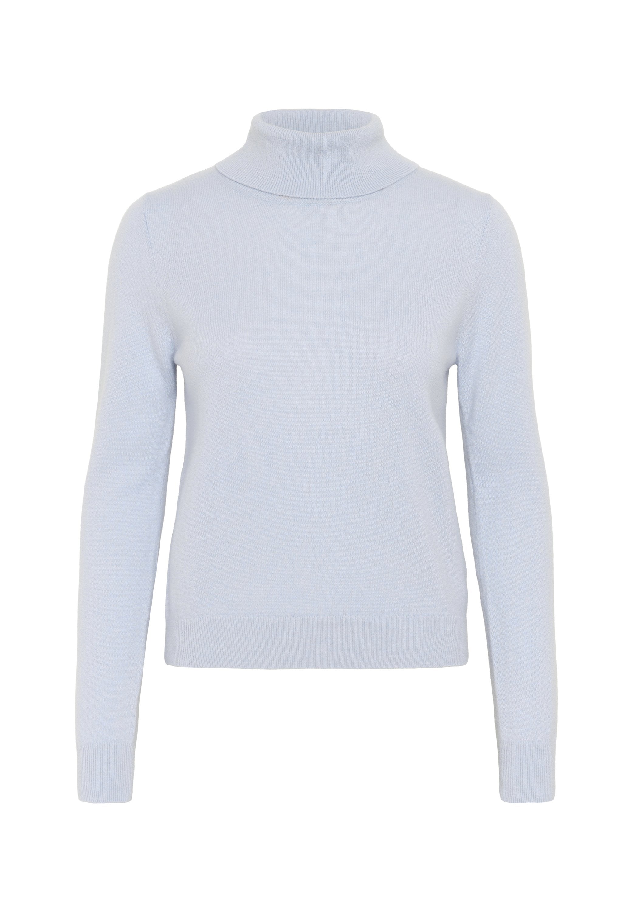 Hellblaues Rollkragensweatshirt aus weichem Strickmaterial; lange Ärmel, taillierte Passform, gerippter Kragen und Saum. Glatte Textur ohne Muster.