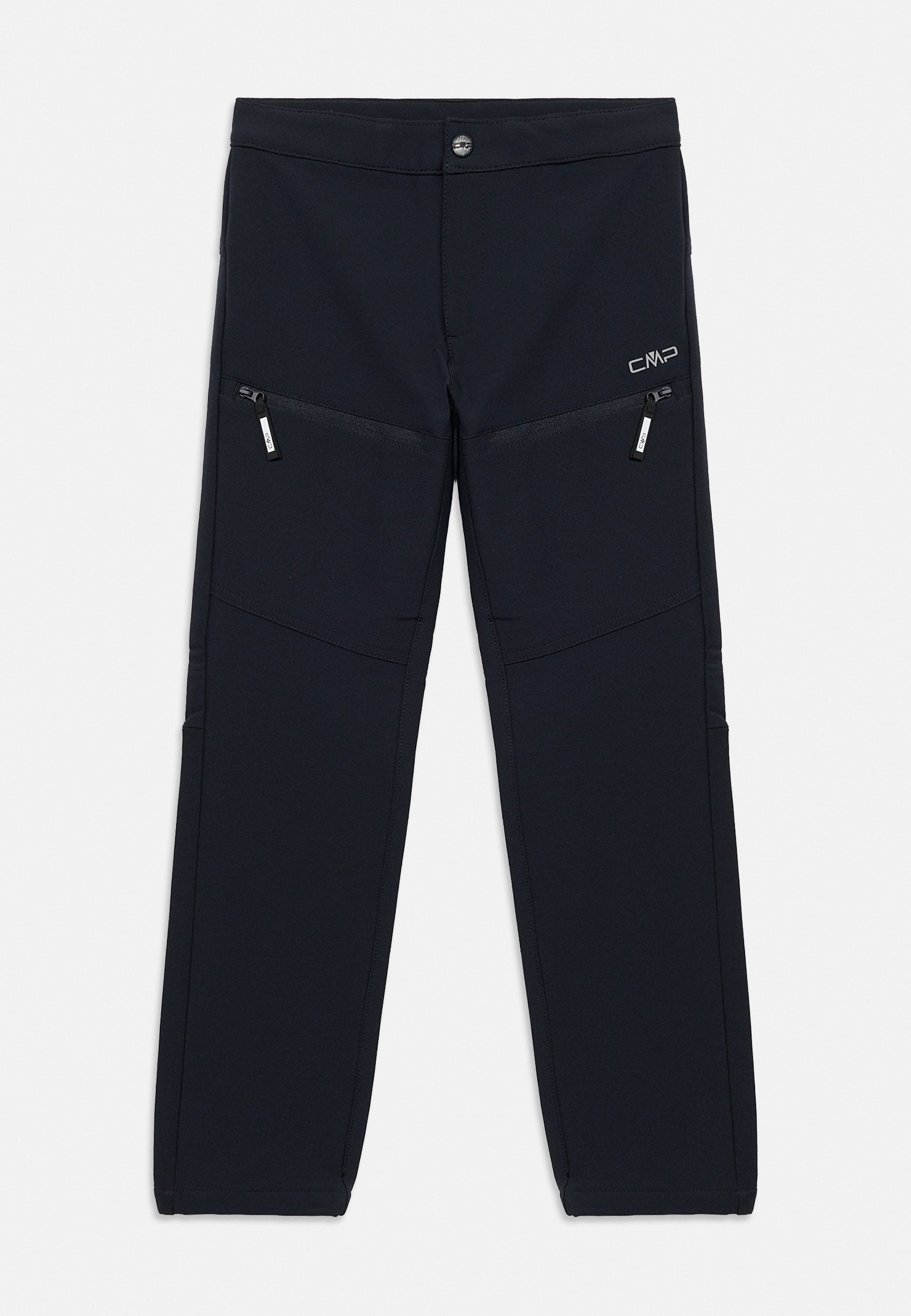 Schwarze Softshell-Hose mit schmaler Passform, ausgestattet mit zwei Reißverschlusstaschen und gesteppten Details, gefertigt aus strapazierfähigem, dehnbarem Stoff.
