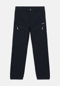 Schwarze Softshell-Hose mit schmaler Passform, ausgestattet mit zwei Reißverschlusstaschen und gesteppten Details, gefertigt aus strapazierfähigem, dehnbarem Stoff.