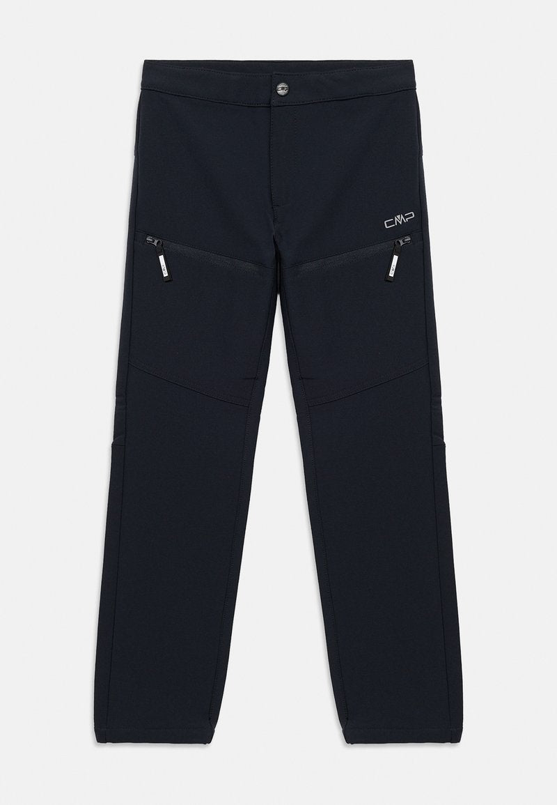 Schwarze Softshell-Hose mit schmaler Passform, ausgestattet mit zwei Reißverschlusstaschen und gesteppten Details, gefertigt aus strapazierfähigem, dehnbarem Stoff.