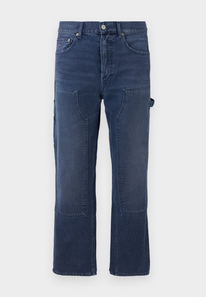Dunkelblaue Jeans mit entspannter Passform, mit aufgesetzten Taschen, geradem Beinschnitt und leichten Ausbleichungen auf dem Stoff.
