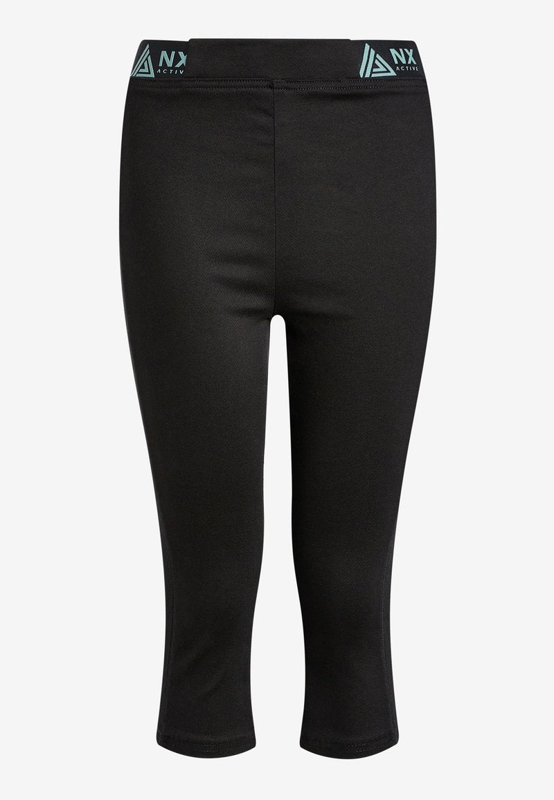 Schwarze, cropped Leggings aus glattem, elastischem Stoff. Mit einem hellblauen Logo-Bund und einem figurbetonten Design für Komfort und Flexibilität.