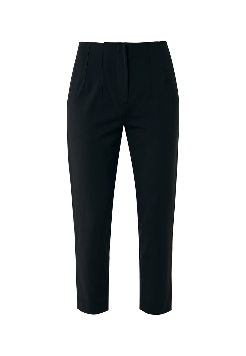Schwarze, taillierte, cropped Hosen mit glatter Textur, ausgestattet mit einem Reißverschluss vorne und zwei vorderen Falten für zusätzliche Details.