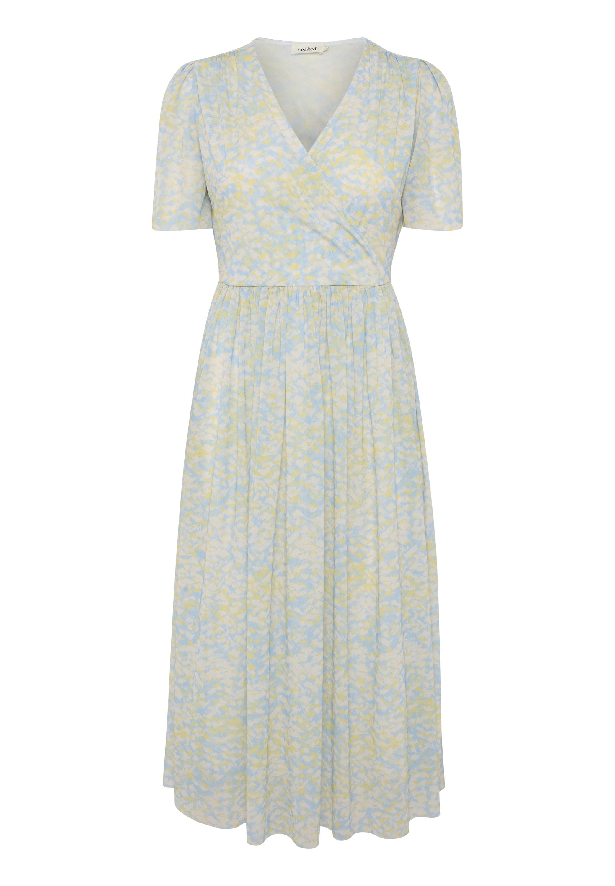 Himmelblaues, florales Wickelkleid mit kurzen Puffärmeln, einem V-Ausschnitt und einer gerafften Taille. Es verfügt über einen weichen, fließenden Stoff mit einem pastellfarbenen Druck.