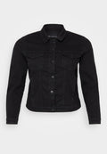 Schwarze Denimjacke mit klassischem Kragen, vorderem Knopfverschluss, zwei Brusttaschen und Stickdetails.