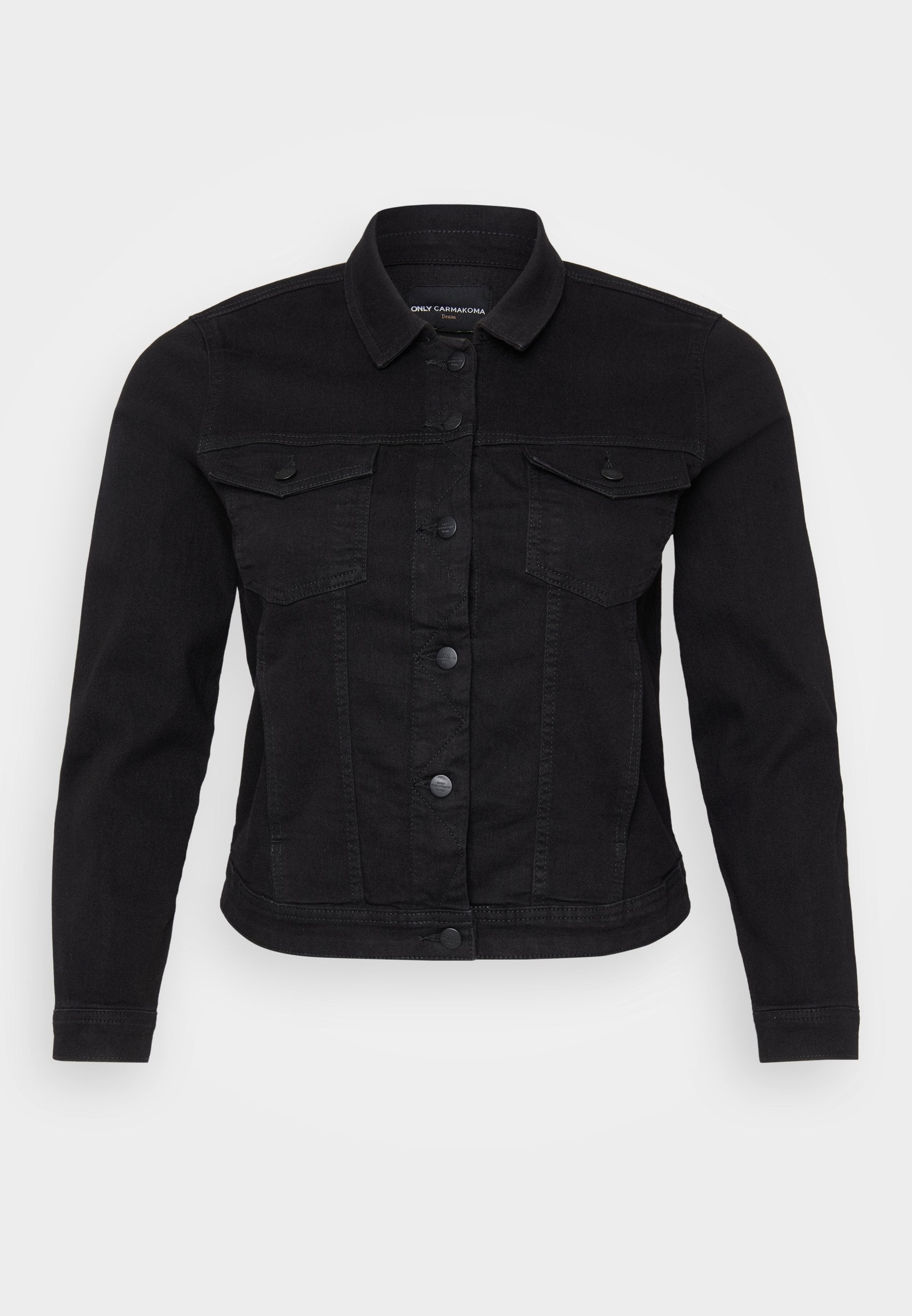 Schwarze Denimjacke mit klassischem Kragen, vorderem Knopfverschluss, zwei Brusttaschen und Stickdetails.