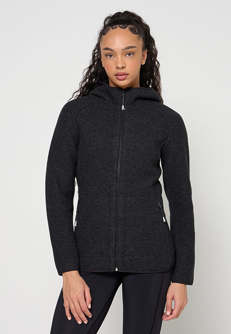 Schwarze Kapuzenjacke aus einer strukturierten, angenehmen Stoffqualität. Verfügt über einen Frontreißverschluss, Seitentaschen und ein tailliertes Design für Wärme und Flexibilität.