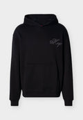 Schwarzer Kapuzenpullover mit Fronttasche und kursivem "Hugo"-Logo auf der oberen linken Brust.