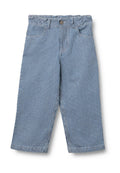 Blau-weiß gestreifte, vertikal gestreifte Hosen aus Denim, mit einem Bund mit Gürtelschlaufen, zwei vorderen Taschen und einem Knopfverschluss.