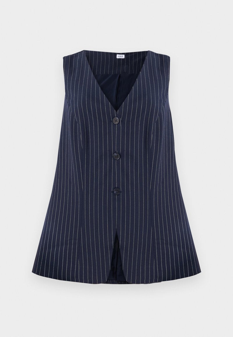 Marineblaue Weste mit weißen Nadelstreifen, V-Ausschnitt, fünf Knöpfen auf der Vorderseite und einem ausgestellten Design mit einem Schlitz am unteren Ende.