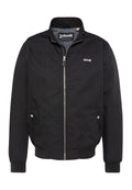 Schwarze Reißverschlussjacke mit gerippten Bündchen und Saum, seitlichen Taschen mit Knöpfen sowie Schott-Logo auf der linken Brust und im inneren Kragenfutter.