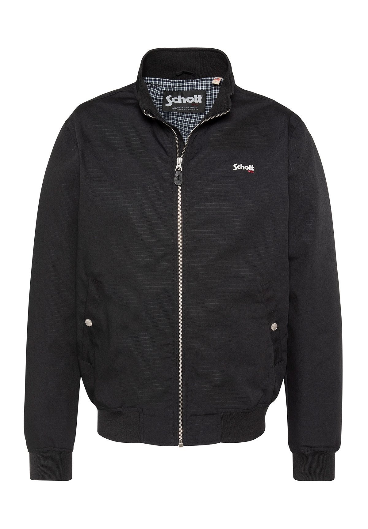 Schwarze Reißverschlussjacke mit gerippten Bündchen und Saum, seitlichen Taschen mit Knöpfen sowie Schott-Logo auf der linken Brust und im inneren Kragenfutter.