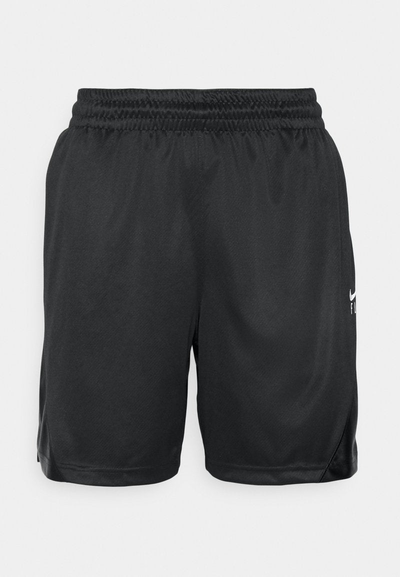 Schwarze Sportschorts aus leichtem Material, mit elastischem Bund, seitlichen Schlitzen und einem kleinen weißen Logo auf der Vorderseite.