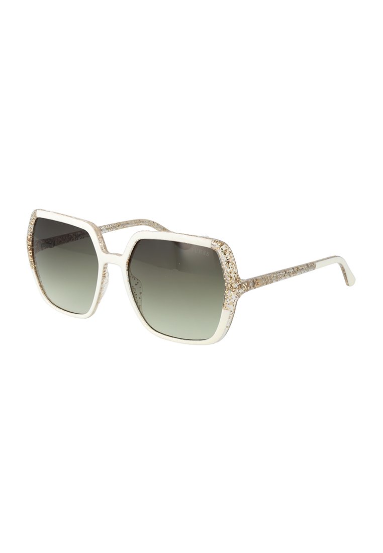 Eckige Sonnenbrille mit einem weißen Rahmen, Glitzerakzenten und dunkelgrünen Verlaufslinsen. Verfügt über dicke Bügel und flache Kanten.