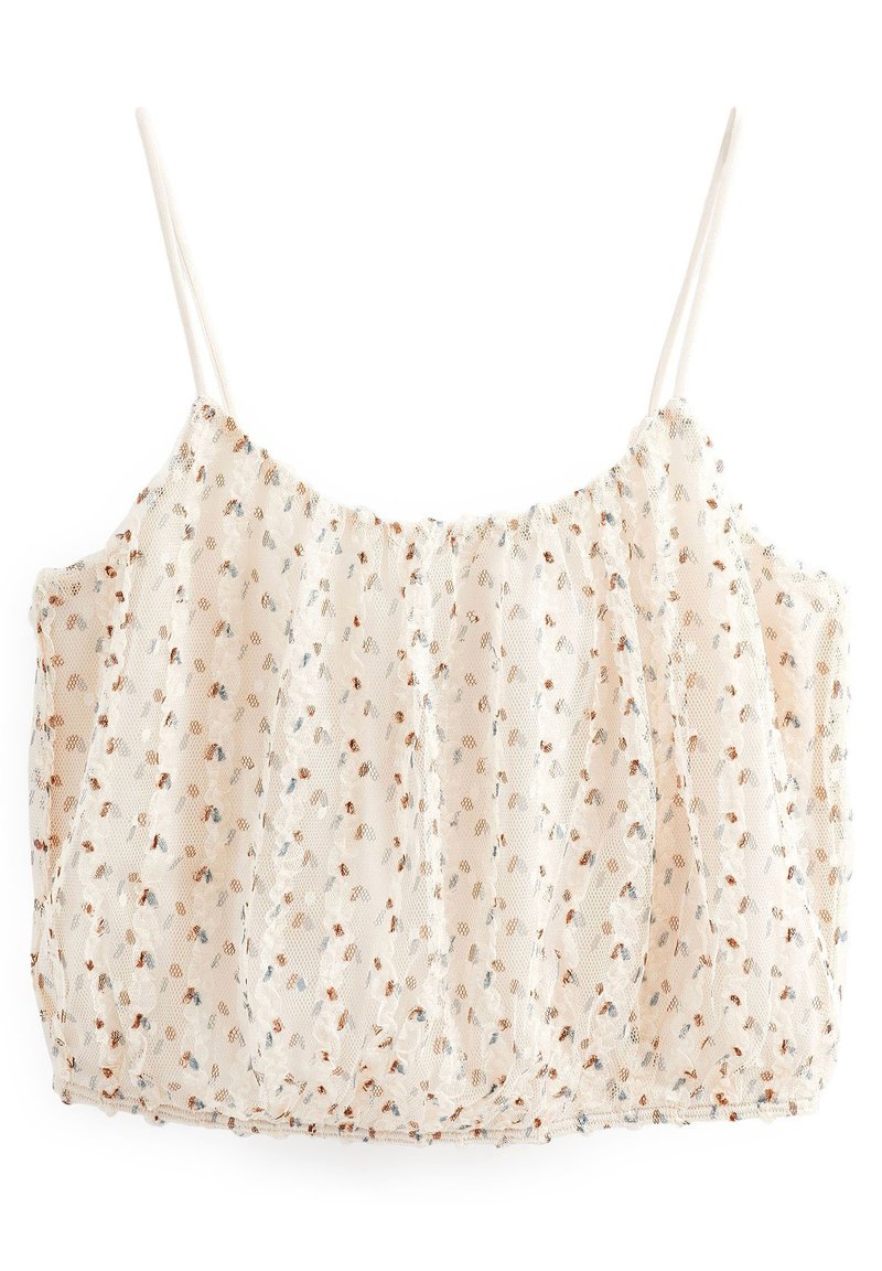 Beige florale, geteilte Spaghettiträgershirt mit dünnen verstellbaren Trägern, das mit einem strukturierten, durchsichtigen Überzug mit mehrfarbigen Blumenmustern und gerafften Details versehen ist.