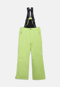 Helle, limonengrüne Schneehosen mit schwarzen verstellbaren Trägern, zwei Vorderaschen und einer glatten, wasserdichten Stoffoberfläche.