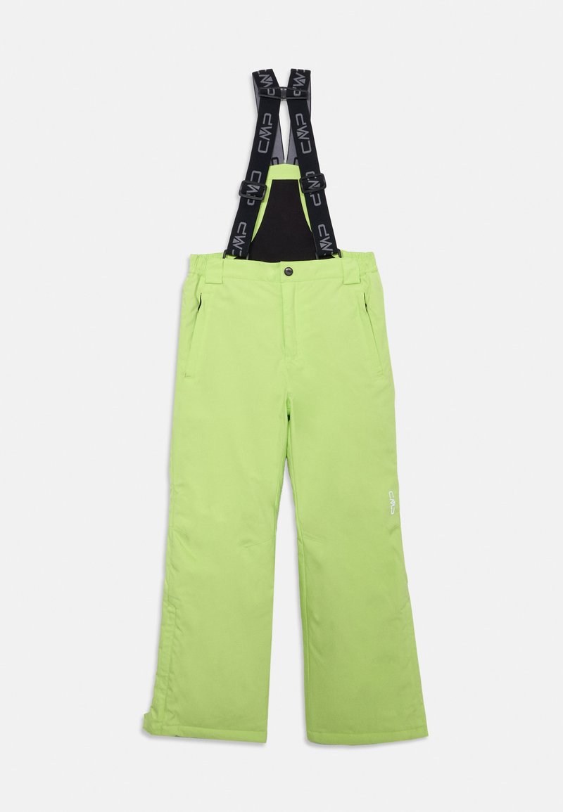 Helle, limonengrüne Schneehosen mit schwarzen verstellbaren Trägern, zwei Vorderaschen und einer glatten, wasserdichten Stoffoberfläche.