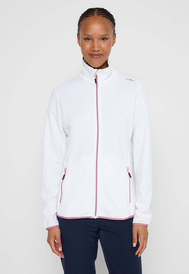 Weiße Fleecejacke mit Reißverschluss und Stehkragen. Verfügt über rosa Akzente, Seitentaschen, eine strukturierte Oberfläche und gerippte Bündchen.