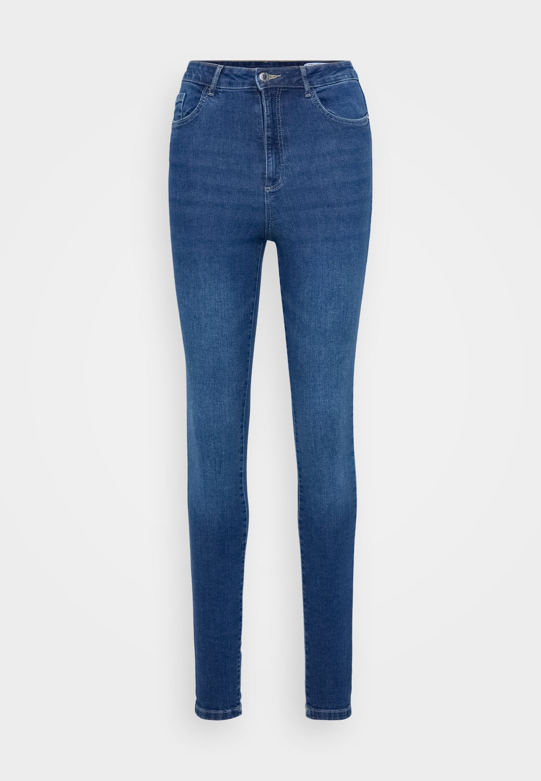 Blaue Denim-Jeans mit einer schmalen Passform, hoher Taille, Gürtelschlaufen und zwei vorderen Taschen. Glatte Textur und klassisches Fünf-Taschen-Design.