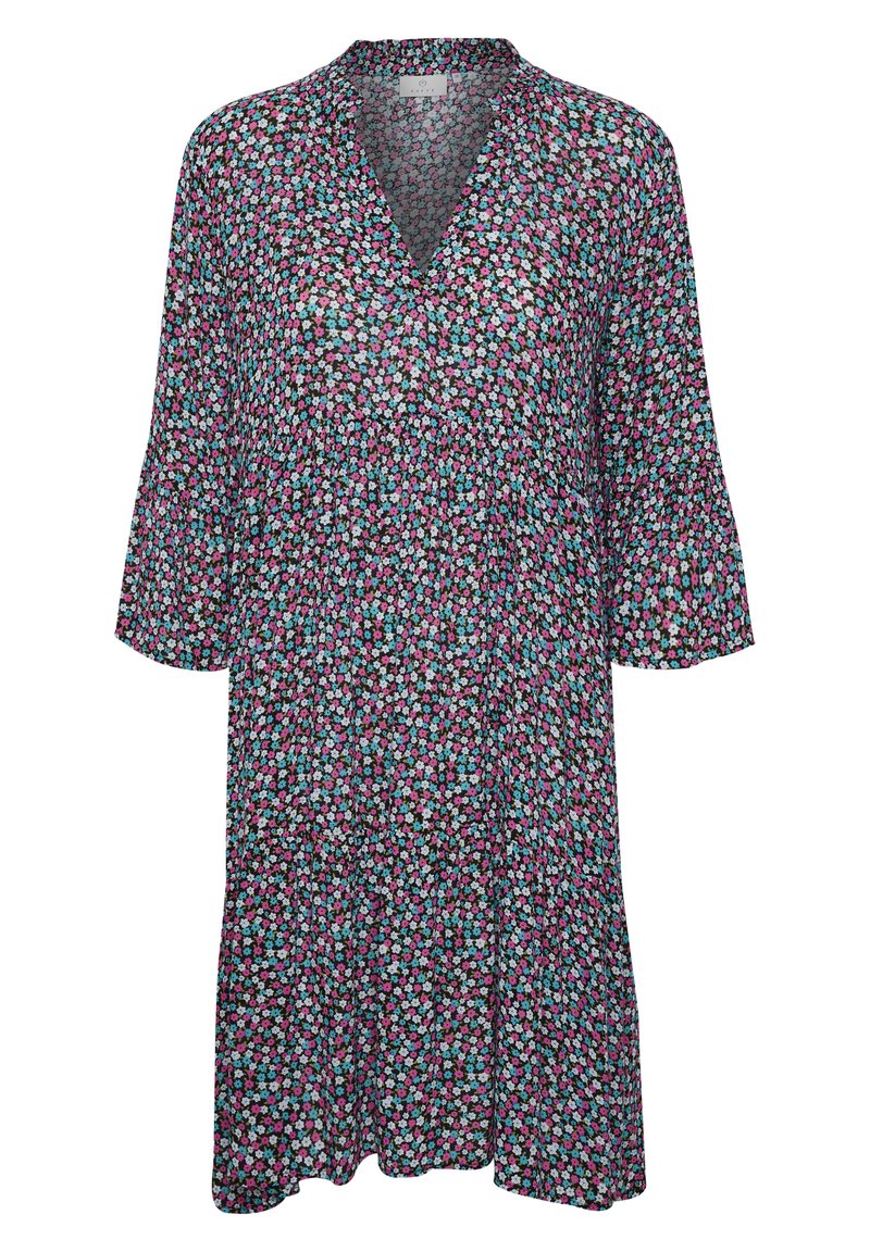 Blumenkleid mit V-Ausschnitt, 3/4-Glöckchenärmeln und rüschendem Saum. Hat einen schwarzen Hintergrund mit rosa, blauen und weißen Blumen. Leichtes Material.