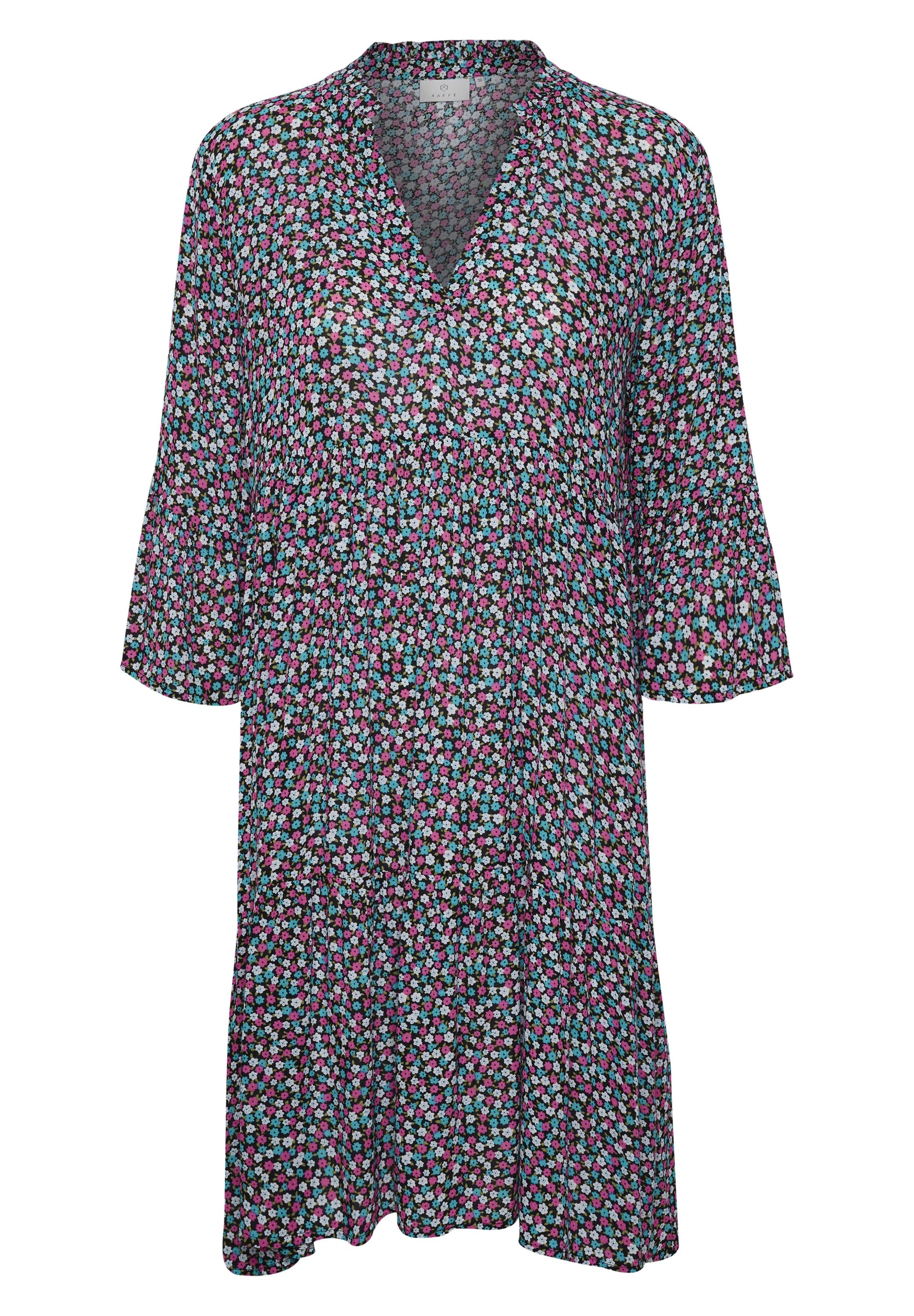 Blumenkleid mit V-Ausschnitt, 3/4-Glöckchenärmeln und rüschendem Saum. Hat einen schwarzen Hintergrund mit rosa, blauen und weißen Blumen. Leichtes Material.