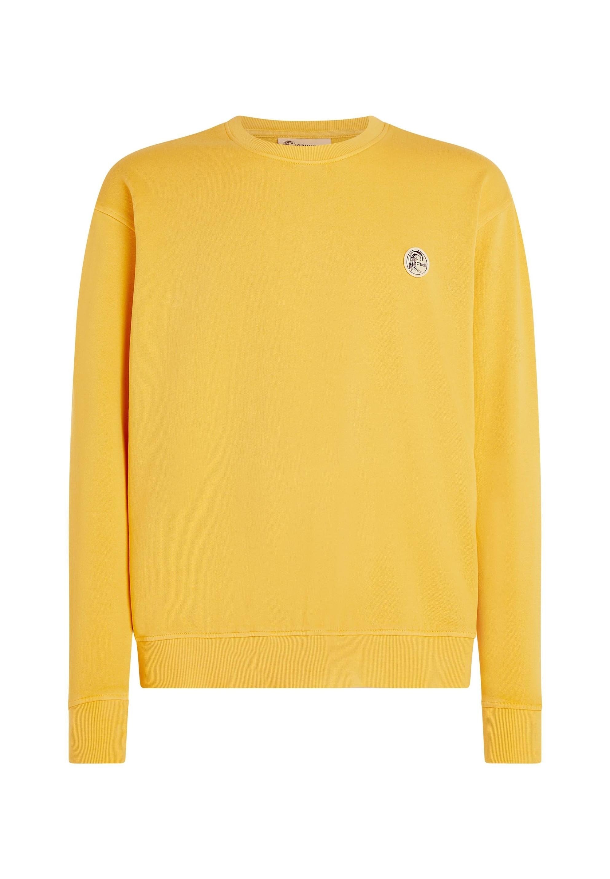 Gelbes Sweatshirt mit langen Ärmeln, Rundhalsausschnitt, gerippten Bündchen und Saum, mit einem kleinen runden Logo auf der linken Brust. Weiches Baumwollmaterial.