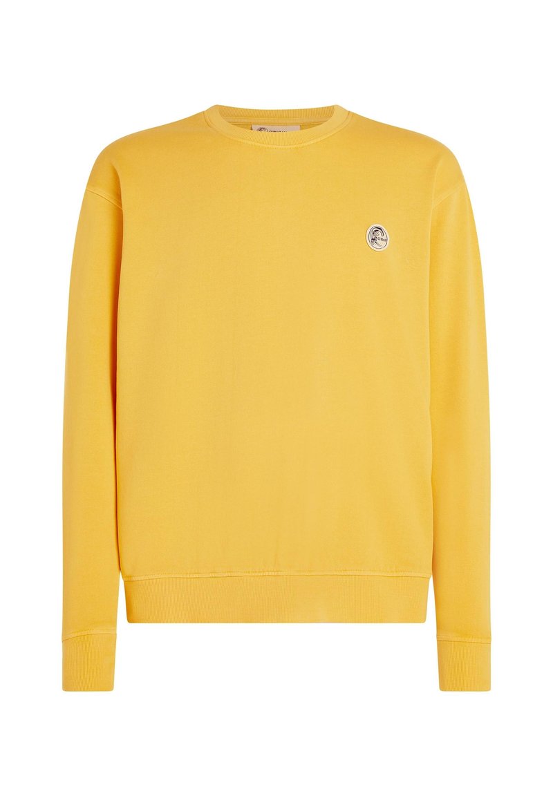 Gelbes Sweatshirt mit langen Ärmeln, Rundhalsausschnitt, gerippten Bündchen und Saum, mit einem kleinen runden Logo auf der linken Brust. Weiches Baumwollmaterial.