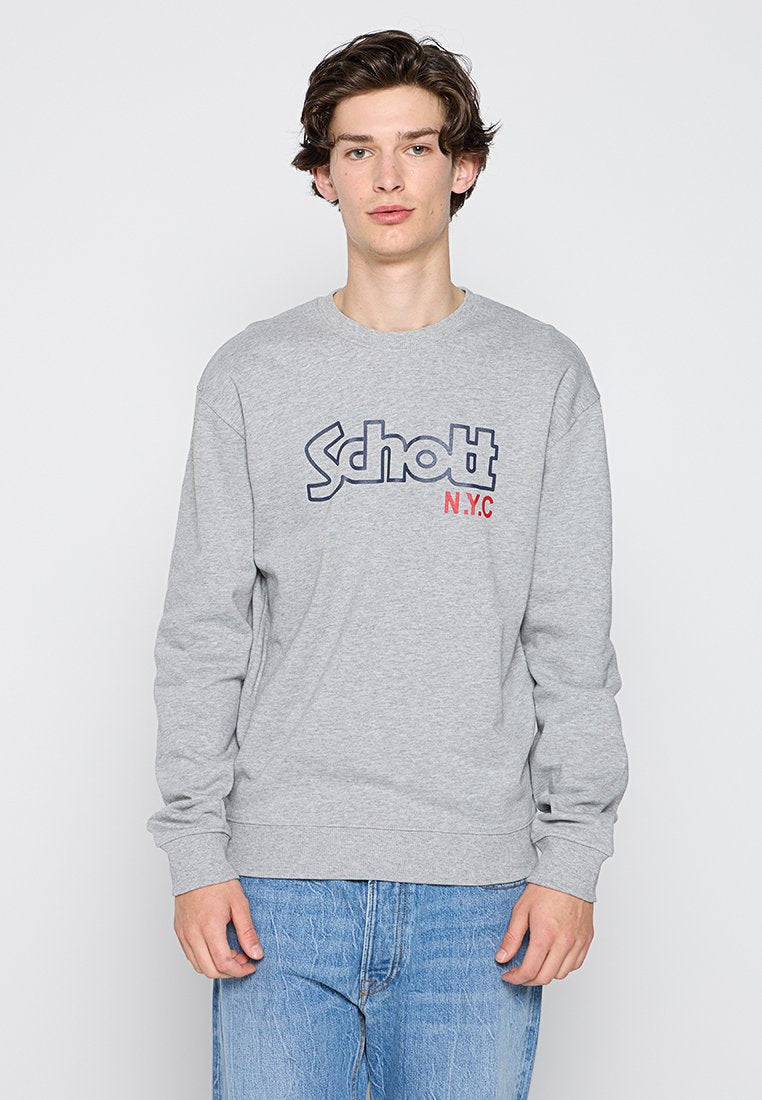 Grauer Langarm-Sweatshirt mit dem Schriftzug "Schott N.Y.C" in Blau und Rot. Verfügt über einen runden Ausschnitt und gerippte Bündchen. Hergestellt aus einem Baumwollmischgewebe.