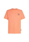 Pfirsichfarbenes Baumwoll-T-Shirt mit Rundhalsausschnitt, kurzen Ärmeln, schwarzem Logotext auf der Vorderseite und einem kleinen aufgedruckten Etikett auf der linken Seite.