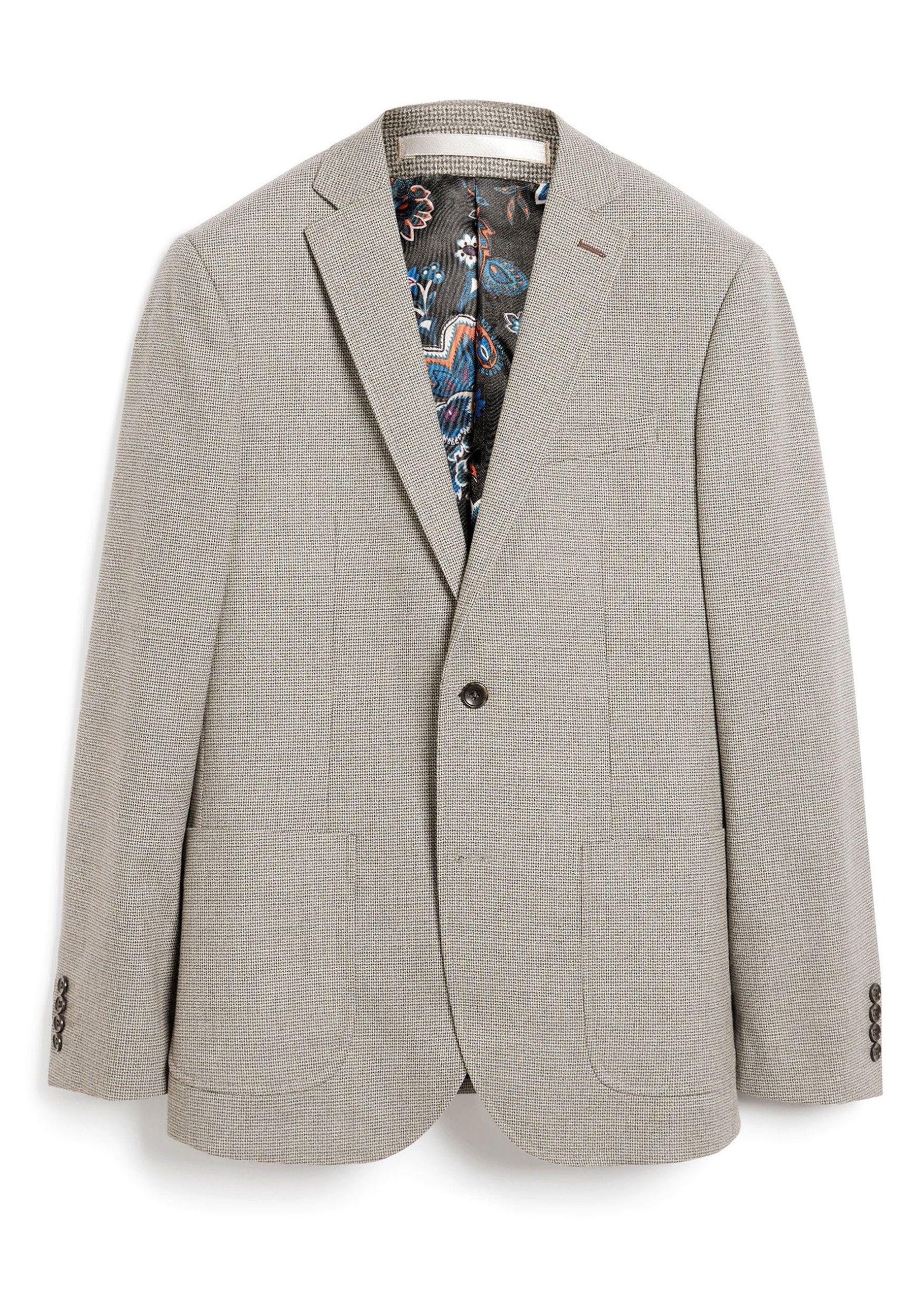 Hellgrauer Blazer aus strukturiertem Stoff, mit Reverskragen, einem Knopf und auffälligem Blumenmuster-Futter. Verfügt über zwei Fronttaschen und geknöpfte Manschetten.