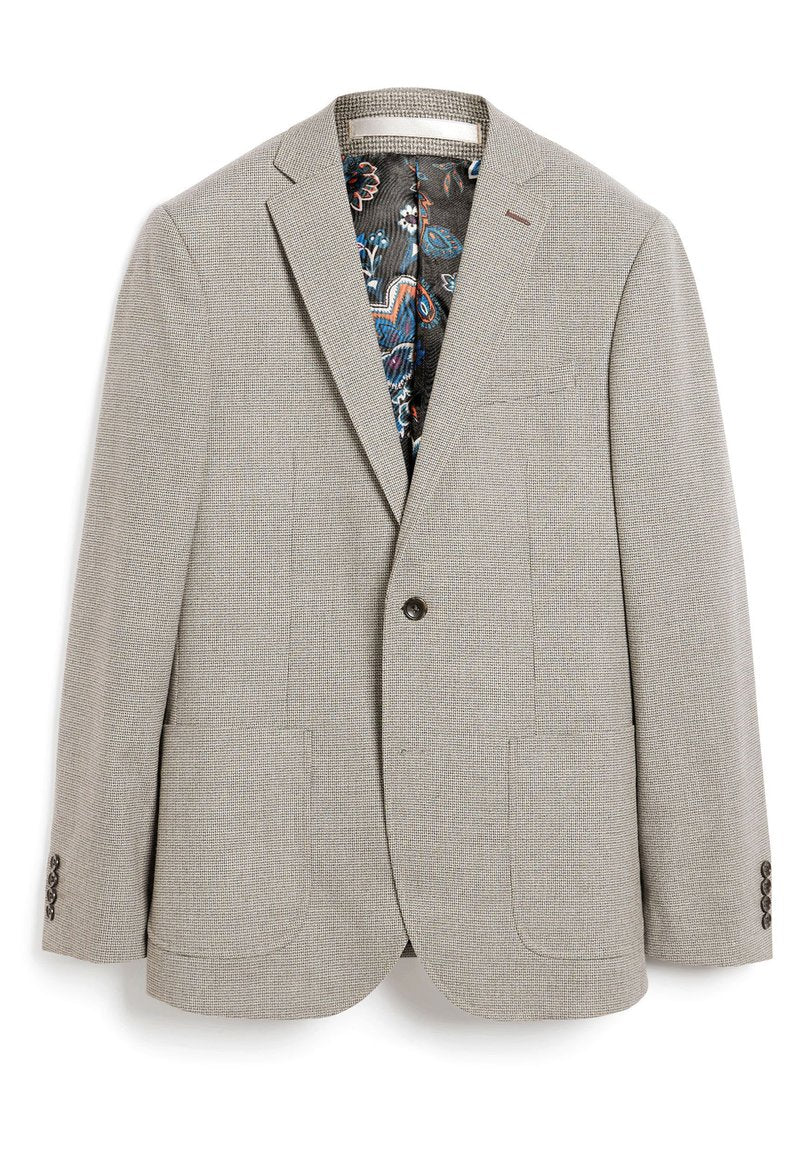 Hellgrauer Blazer aus strukturiertem Stoff, mit Reverskragen, einem Knopf und auffälligem Blumenmuster-Futter. Verfügt über zwei Fronttaschen und geknöpfte Manschetten.