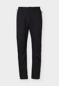 Schwarze Slim-Fit-Hose mit vorderem Knopfverschluss und Gürtelschlaufen, flach auf neutralem Hintergrund dargestellt.