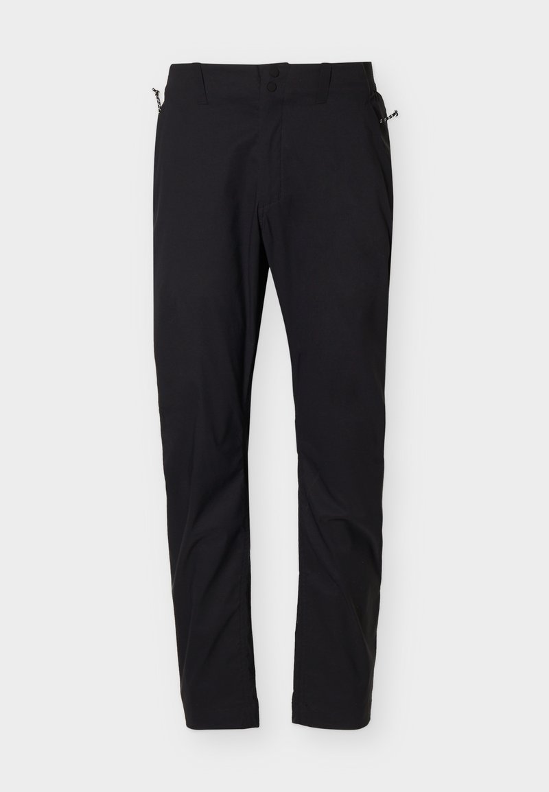Schwarze Slim-Fit-Hose mit vorderem Knopfverschluss und Gürtelschlaufen, flach auf neutralem Hintergrund dargestellt.