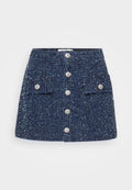 Marineblauer Tweed-Minikleid mit vorderem Knopfverschluss, zwei aufgesetzten Taschen und strukturiertem Muster. Mit silberfarbenen Knöpfen zum Verschließen.