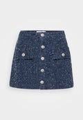 Marineblauer Tweed-Minikleid mit vorderem Knopfverschluss, zwei aufgesetzten Taschen und strukturiertem Muster. Mit silberfarbenen Knöpfen zum Verschließen.
