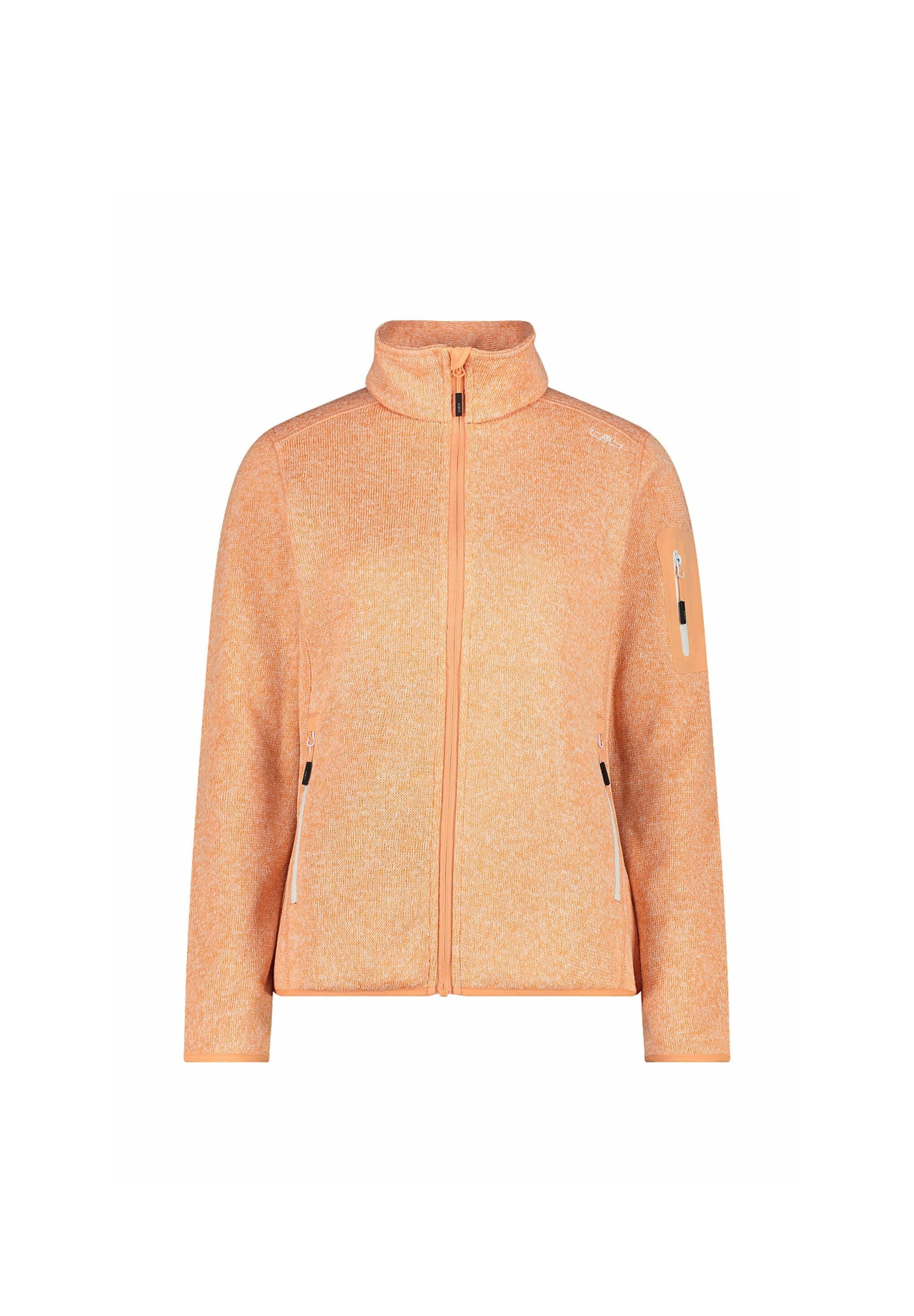 Orangene Fleecejacke mit hohem Kragen, Reißverschluss vorne und zwei seitlichen Taschen mit schwarzen Akzenten. Glatte Textur, lässige Passform.