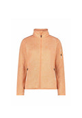 Orangene Fleecejacke mit hohem Kragen, Reißverschluss vorne und zwei seitlichen Taschen mit schwarzen Akzenten. Glatte Textur, lässige Passform.