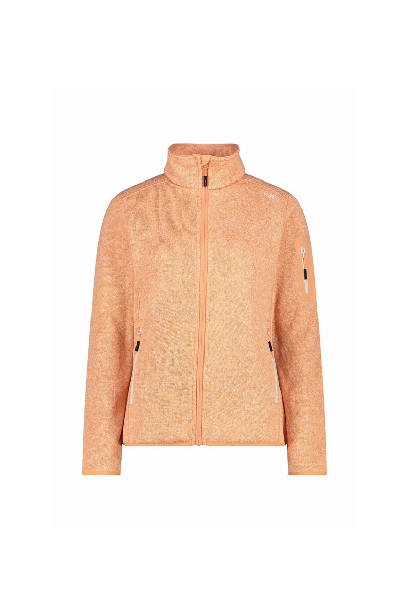 Orangene Fleecejacke mit hohem Kragen, Reißverschluss vorne und zwei seitlichen Taschen mit schwarzen Akzenten. Glatte Textur, lässige Passform.