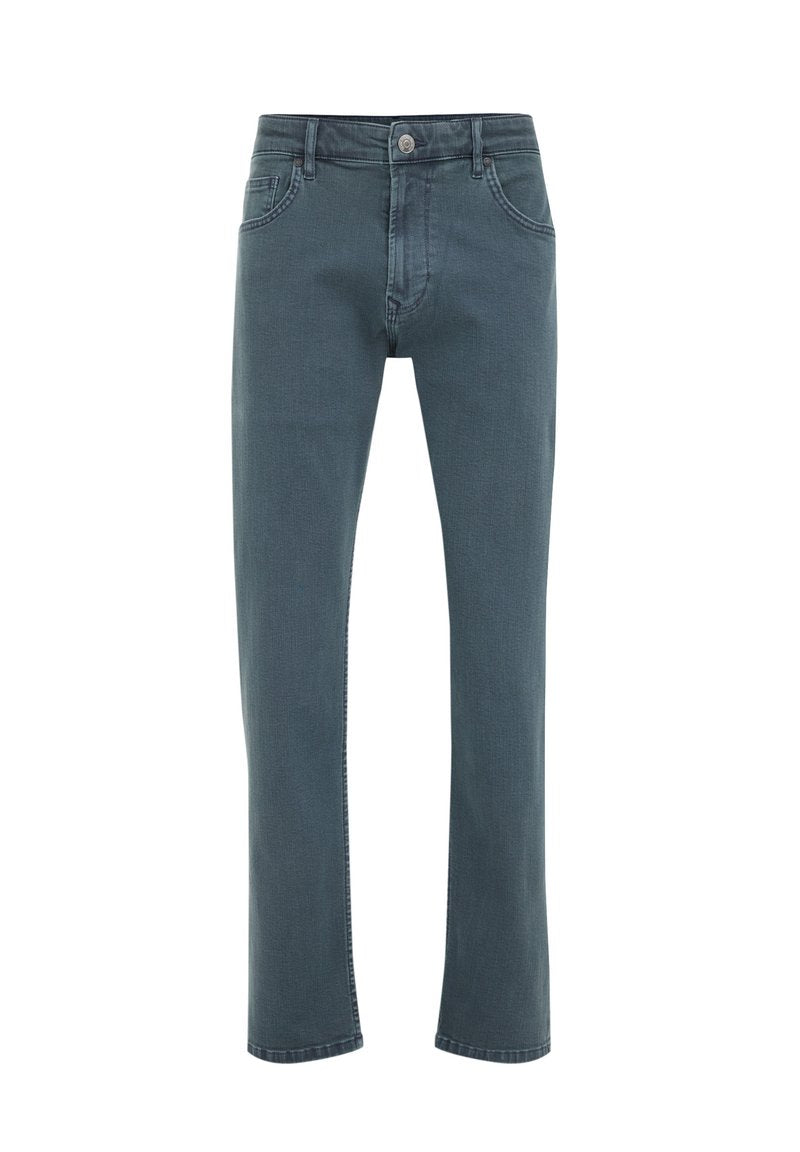 Dunkelblaue Jeans mit geradem Bein, ausgestattet mit einem Knopfverschluss vorne, Gürtelschlaufen und klassischem Fünf-Taschen-Design.
